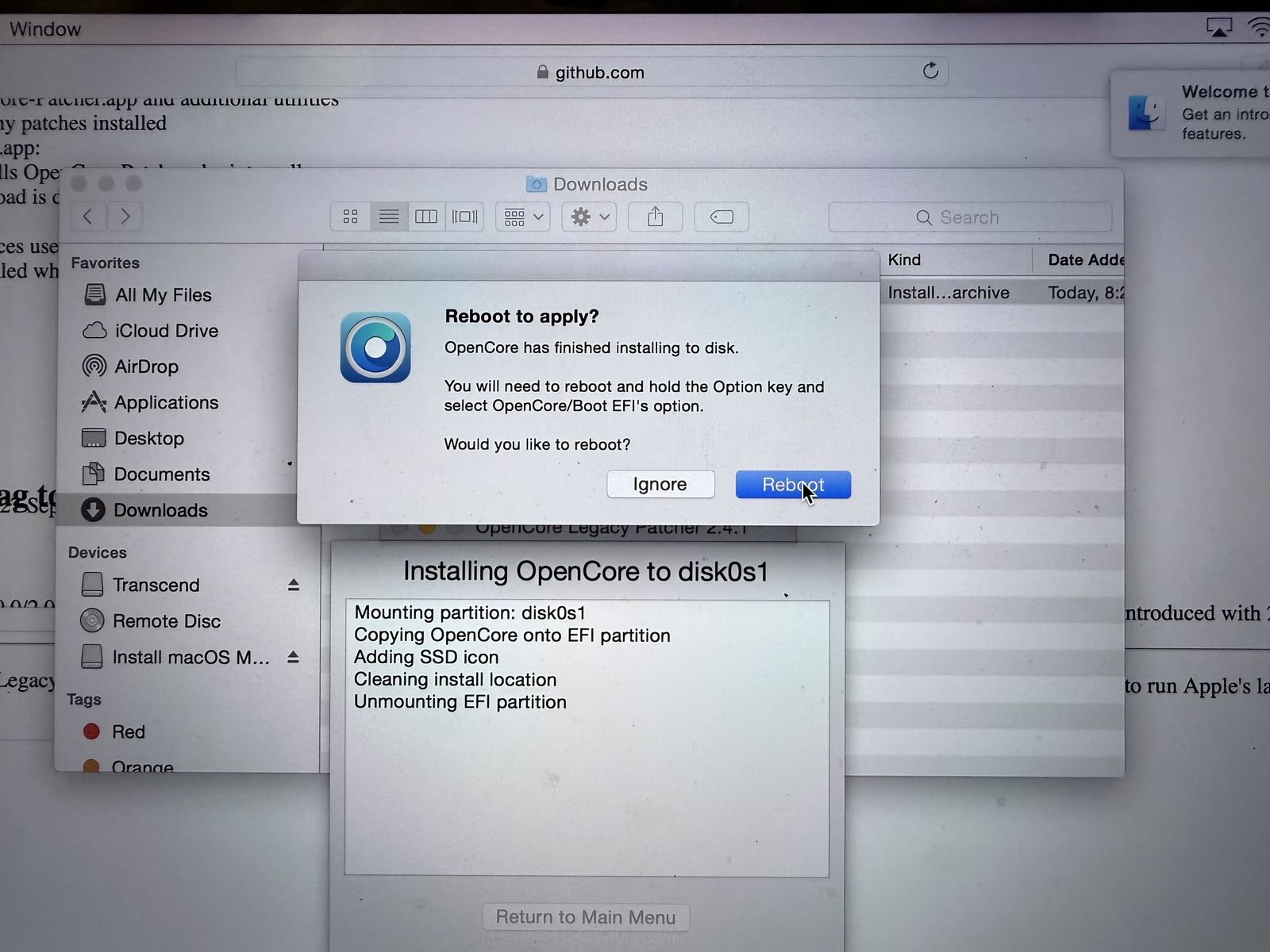 The patcher showing a reboot prompt